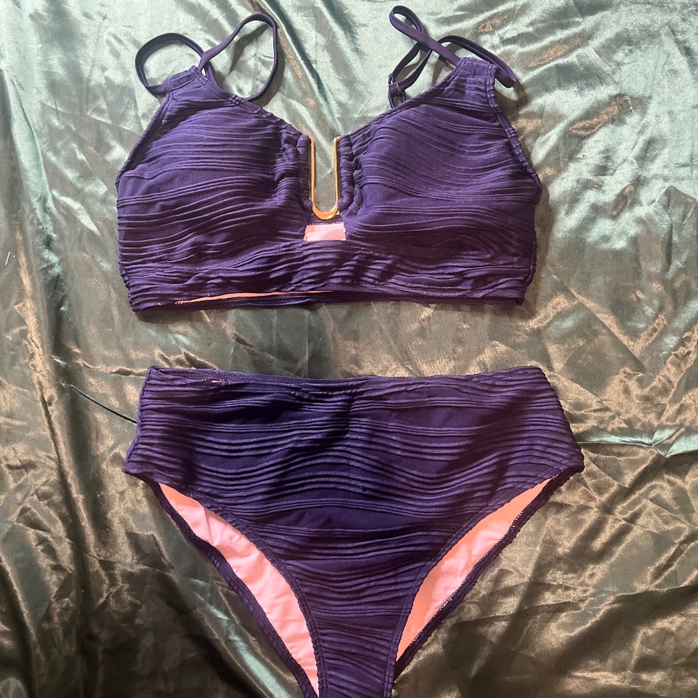 Deep Blue High Waisted Textured Bikini Swim Suit - Picture 1 of 6
